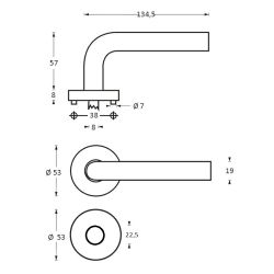 Deurkruk 1271 Rond op rond rozet staal met 7mm nok met RC plaatjes RVS 
