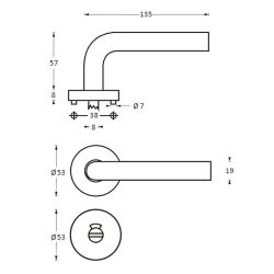 Deurkruk 1272 rechte Hoek 90°op rond rozet staal met 7mm nok met WC 8mm RVS 
