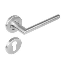 Deurkruk 1273 ovaal Hoek 90°op rond rozet staal met 7mm nok met profielcilindergat  plaatjes RVS 
