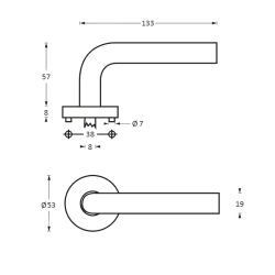 Deurkruk 1276 Lisa 90°op rond rozet staal met 7mm nok RVS 
