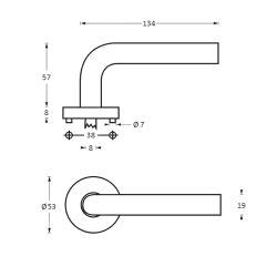 Deurkruk 1277 half rond 90°op rond rozet staal met 7mm nok RVS 
