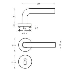 Deurkruk 1277 half rond 90°op rond rozet staal met 7mm nok met sleutelgat plaatjes RVS 