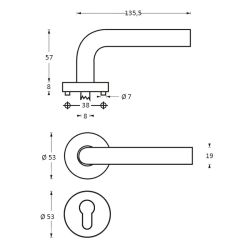 Deurkruk 1277 half rond 90°op rond rozet staal met 7mm nok met profielcilindergat  plaatjes RVS 
