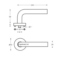 Deurkruk 1279 Vlinder op rond rozet staal met 7mm nok RVS 