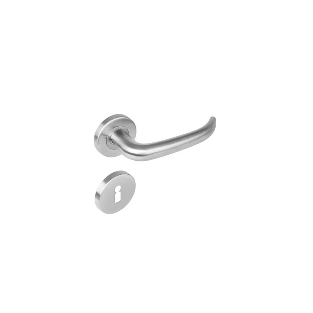 Deurkruk 1282 Sabel op rond rozet staal met 7mm nok met sleutelgat plaatjes RVS 