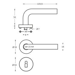 Deurkruk 1282 Sabel op rond rozet staal met 7mm nok met sleutelgat plaatjes RVS 