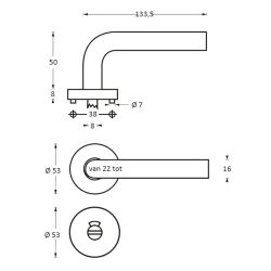 Deurkruk 1282 Sabel op rond rozet staal met 7mm nok met WC 8mm RVS 