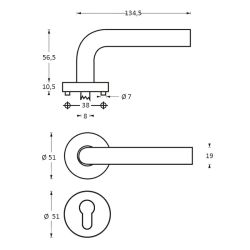 Deurkruk Gebogen met geveerde rozet met profielcilindergat plaatje ATP RVS 