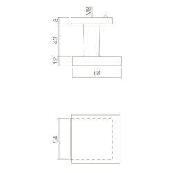 Voordeurknop vast verkropt vierkant 64/54 éénzijdige montage RVS/mat zwart